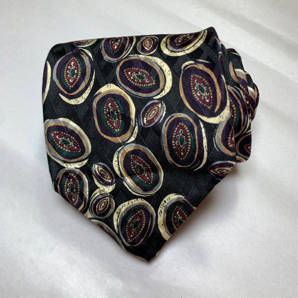 Robert Talbott Studio Mens Silk Tie Black Purple Gold Geometric Medallion USA